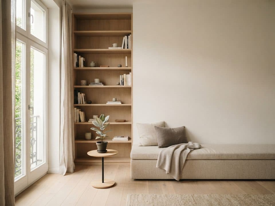 A room in the same warm white and pale oak palette, with built-in oak shelving filling an alcove and a bench fitted under the window
