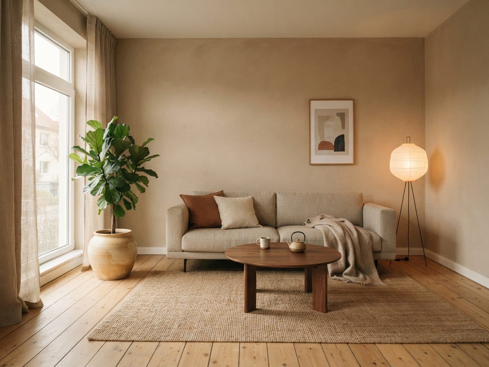 Ein ruhiges Wohnzimmer in warmem Beige und hellem Holz, mit niedrigen Möbeln und Leinen