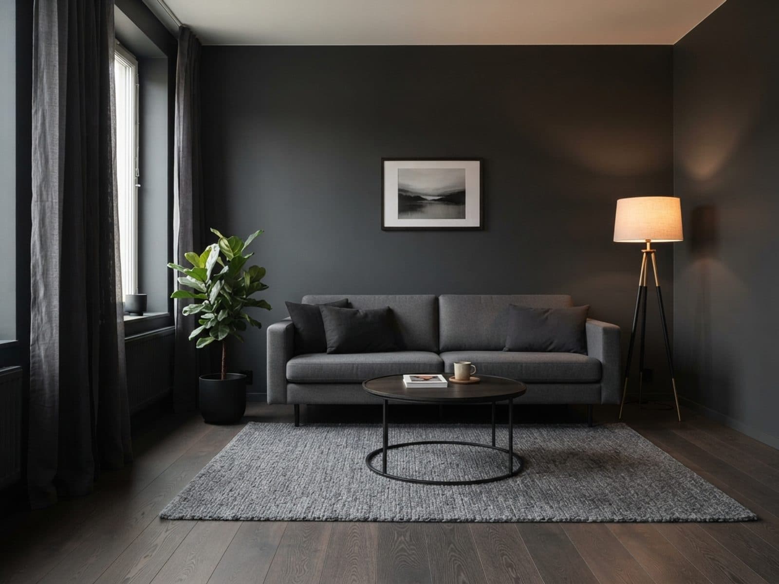 Ein Wohnzimmer in tiefen Grautönen, mit dunklem Sofa und schwarzen Metalldetails