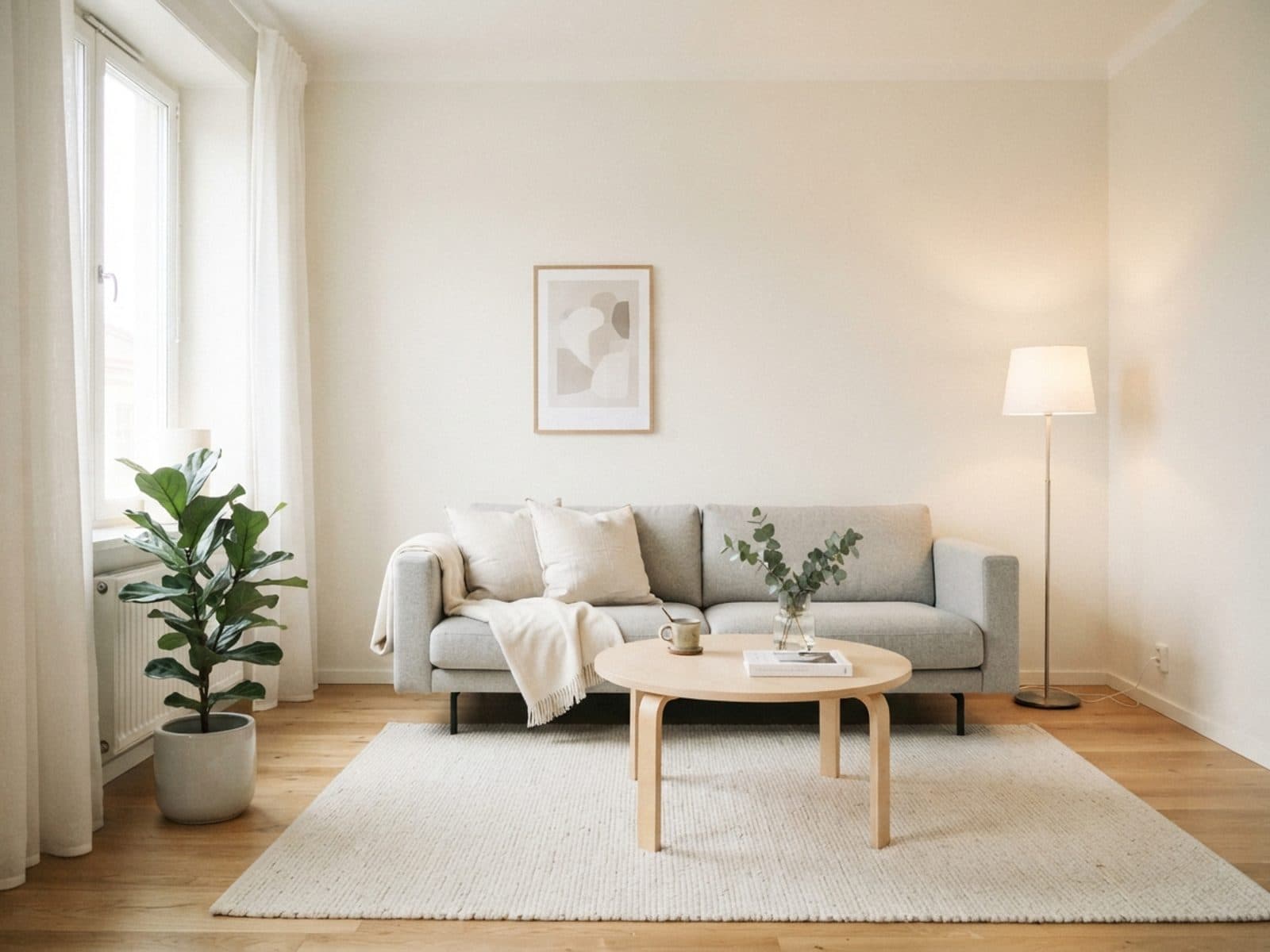 Ein helles Wohnzimmer mit Boden aus heller Eiche, einem hellgrauen Sofa und weißen Wänden